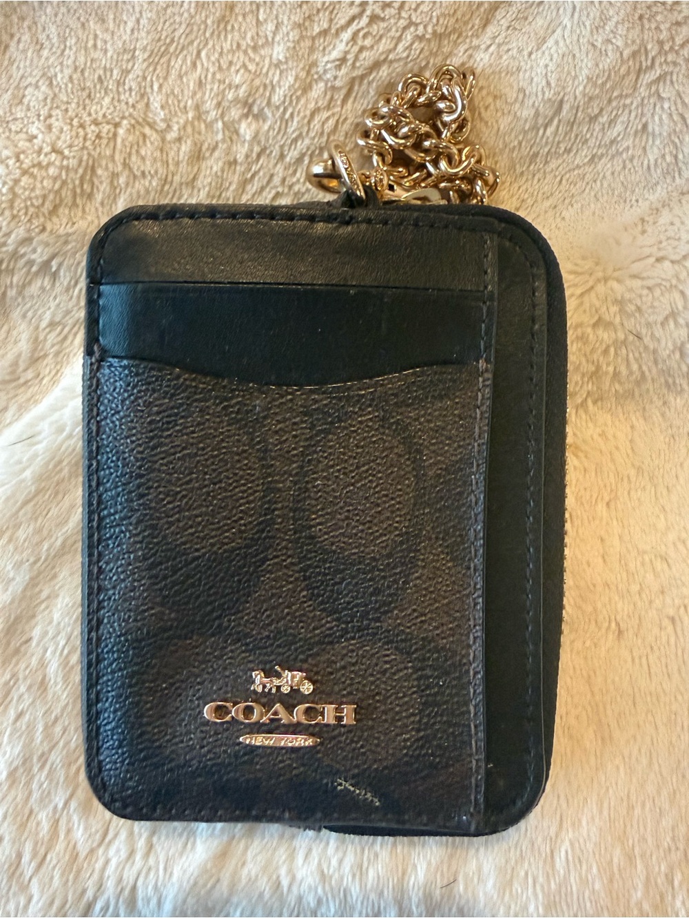 Coach Black Signature Card Case with Gold Chain